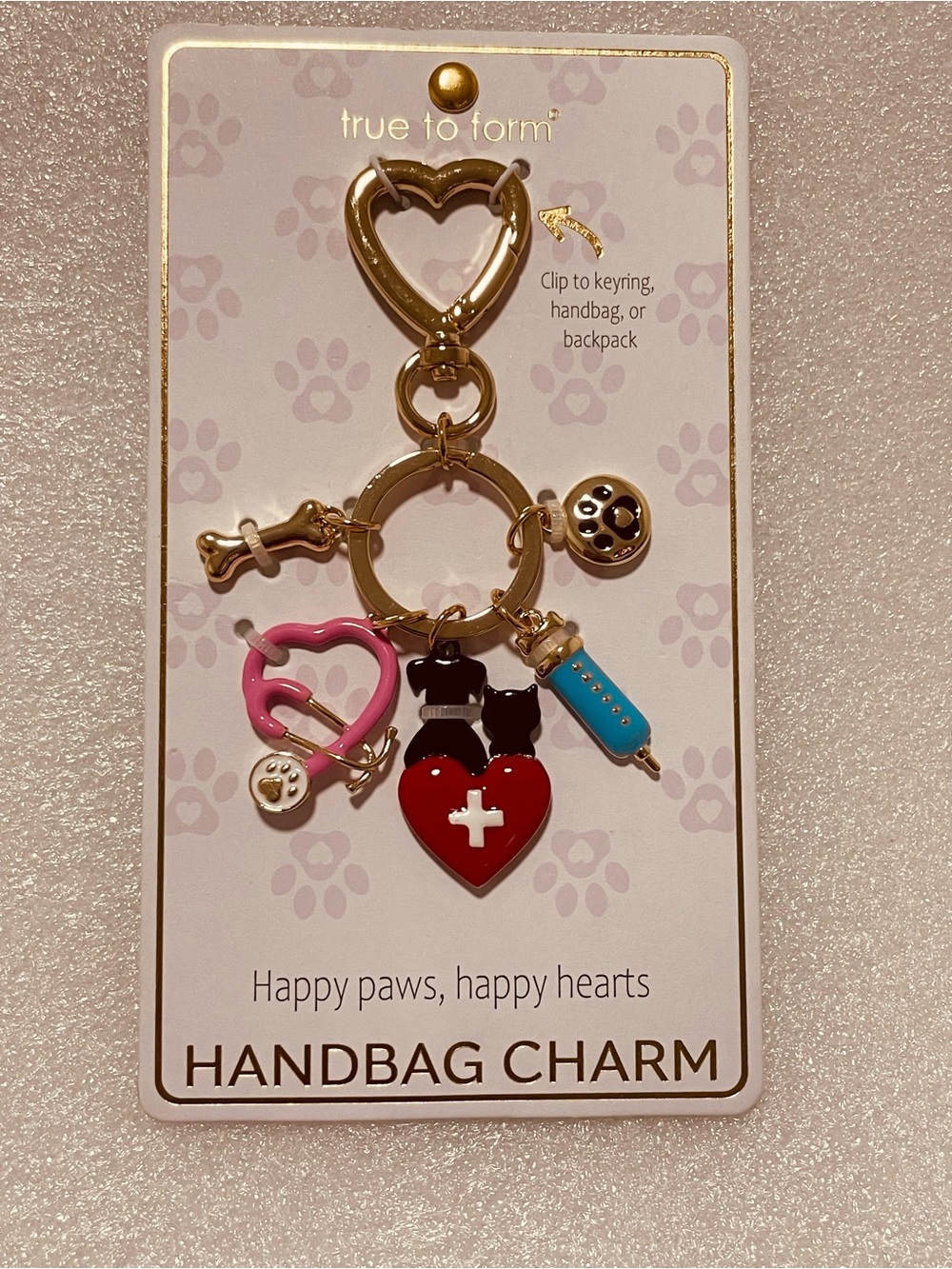 True to Form Gold-Tone Pet Heart Handbag & Key Charm — Red, Pink, Blue Accents